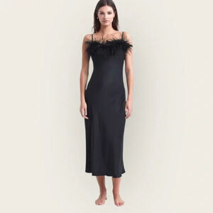NWT Sleeper Boheme black midi slip dress feather trim